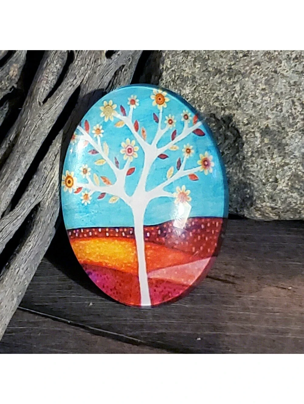 Handmade Tree of Life 40x30mm Oval Tempered Glass Cabochon 6939-N